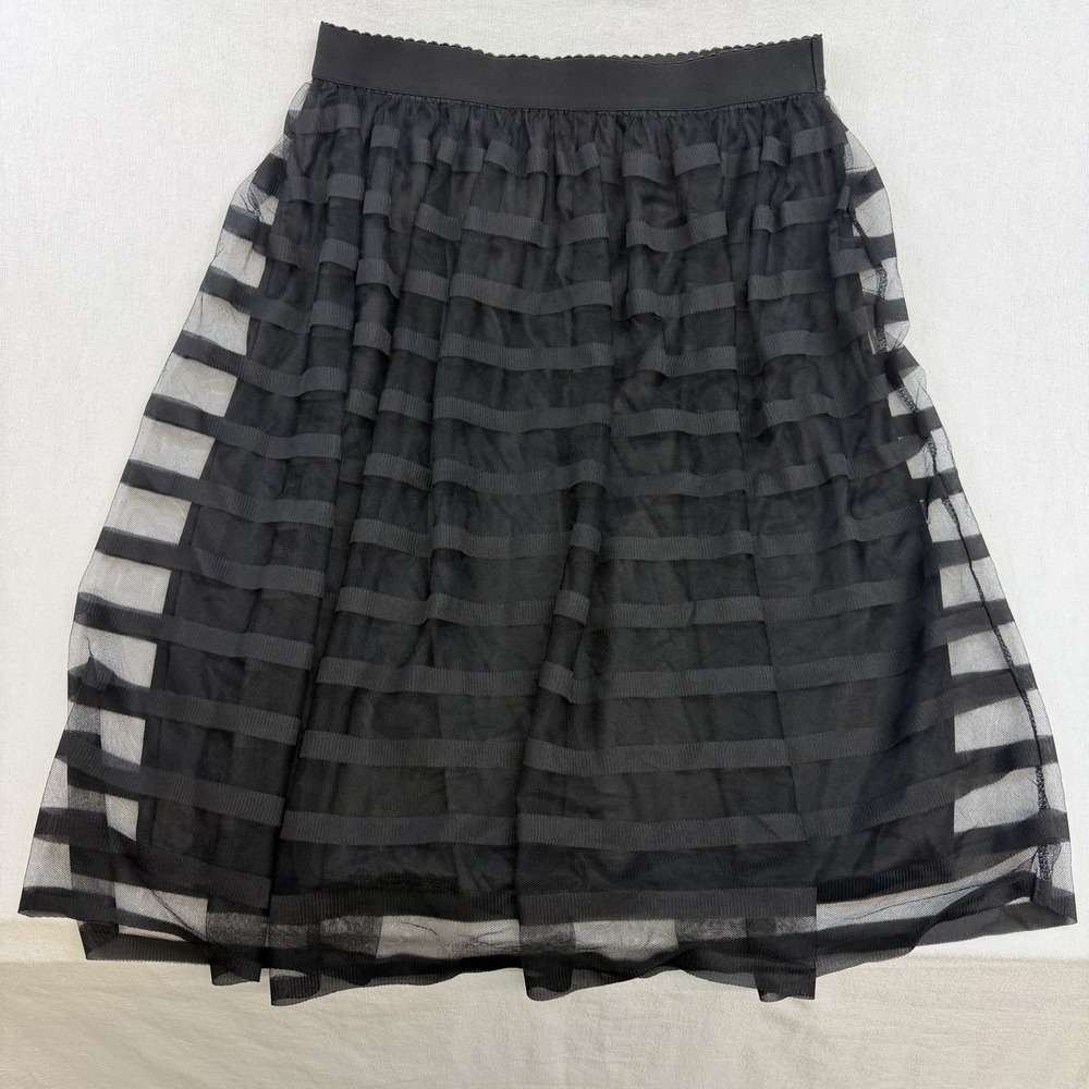 Black Striped Mesh Striped Overlay Pull-On Knee Length Elastic Waist Trendy